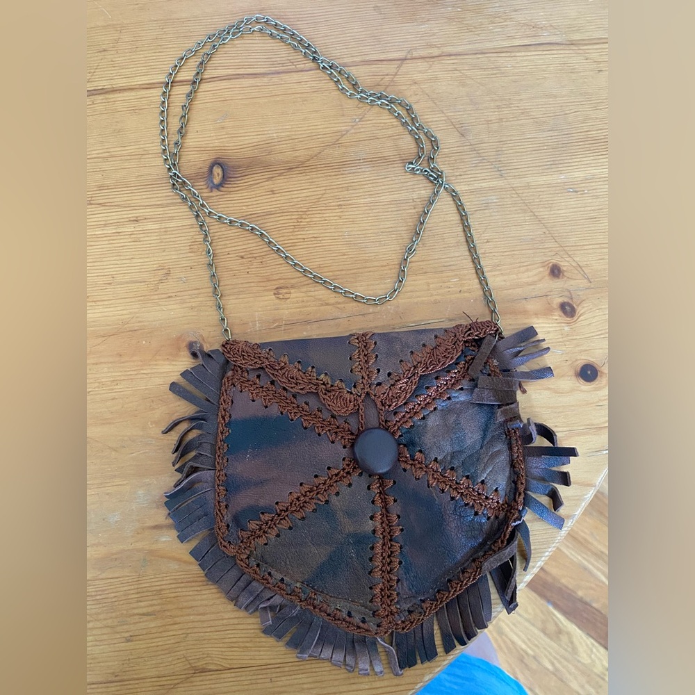 Vintage Brown Vegan Leather Fringe Crochet Mini chain strap Bag.